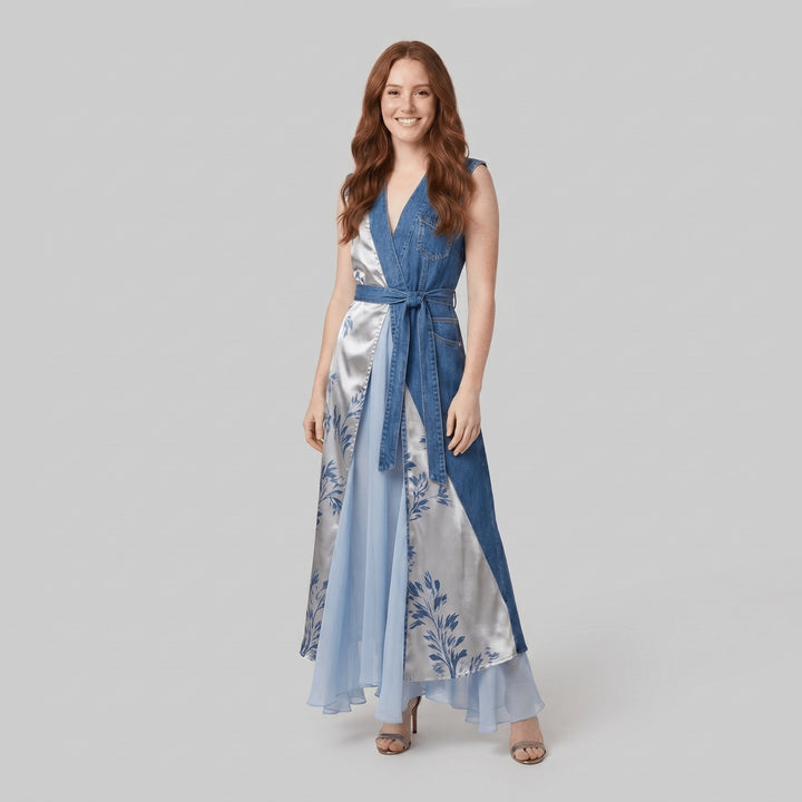 Rosamund asymmetrical denim patchwork dress front on model