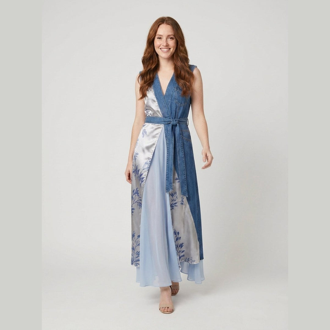 Rosamund denim patchwork dress walking on model