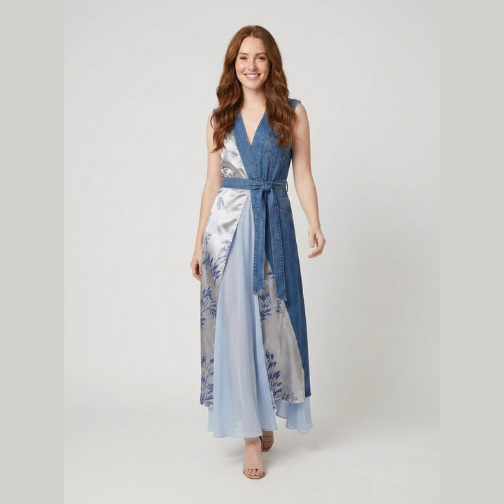 Rosamund denim patchwork dress walking on model