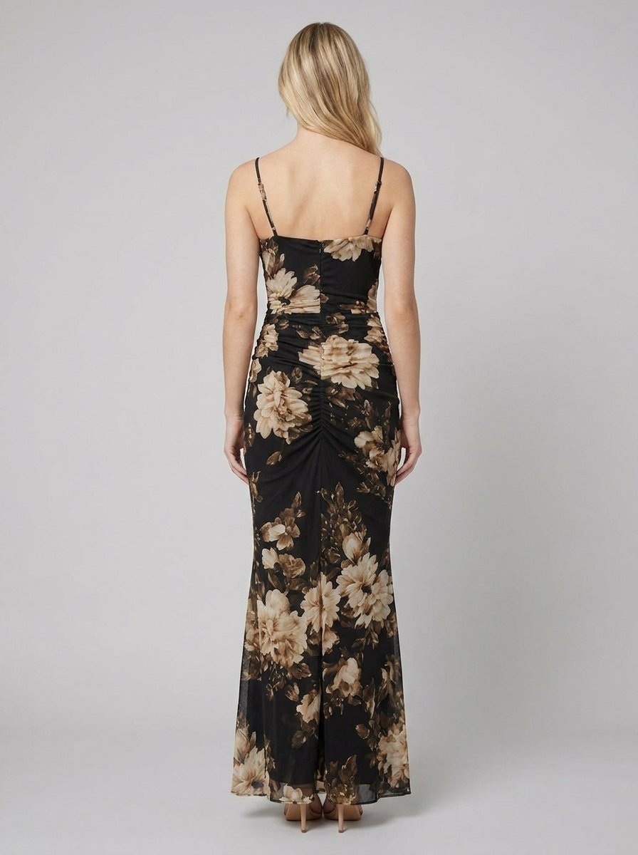 Roseline black floral mesh maxi dress, back view on model