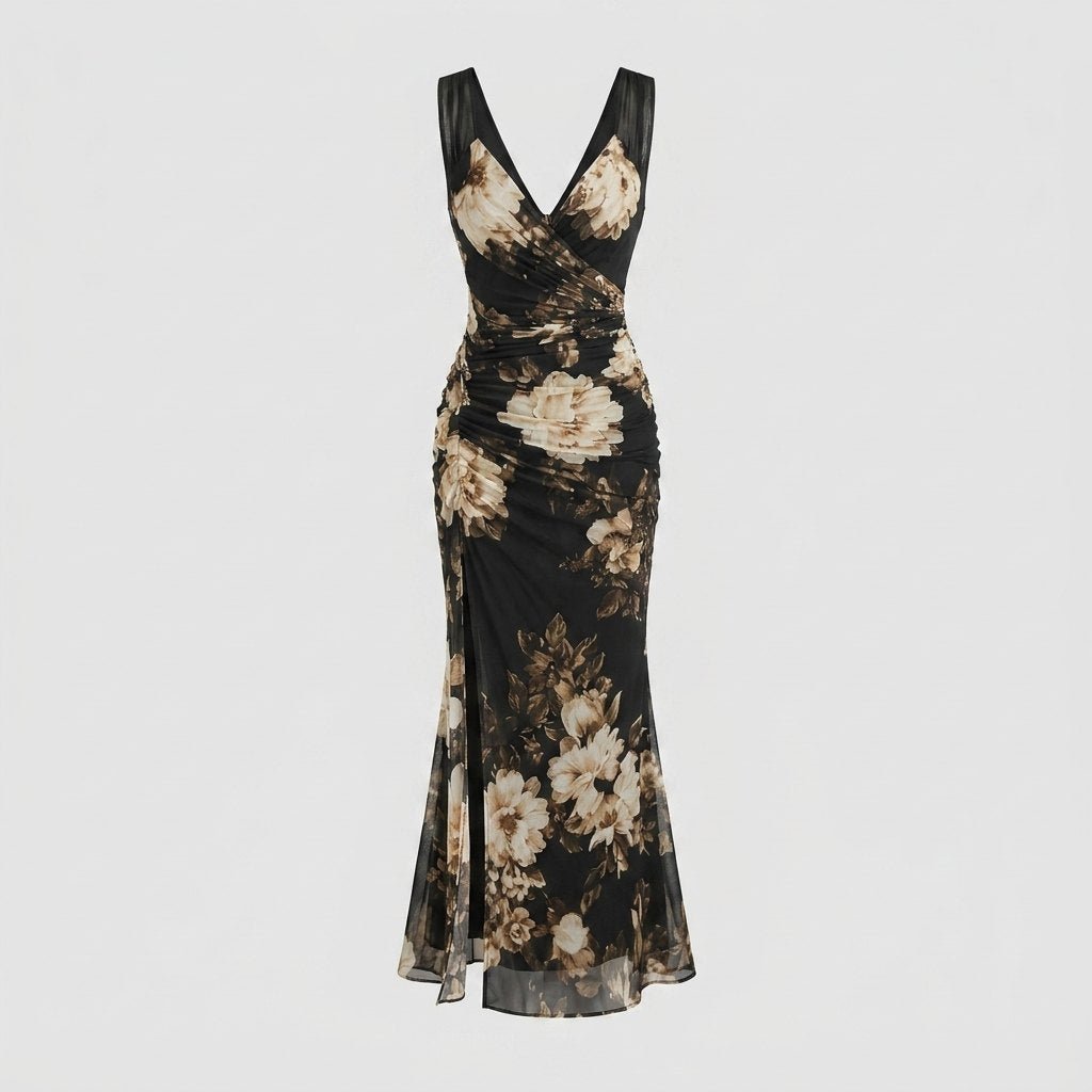 Roseline black floral mesh maxi dress, flat lay