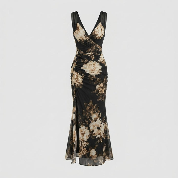 Roseline black floral mesh maxi dress, flat lay