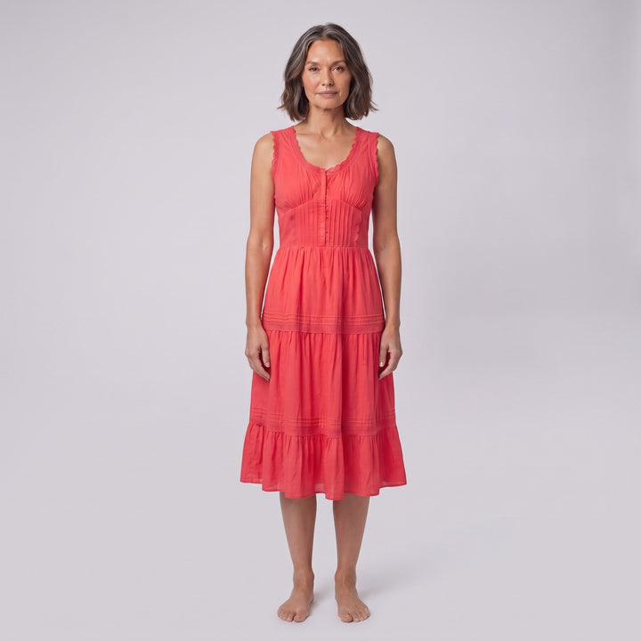 Roselle coral corset-effect midi dress, front view on model