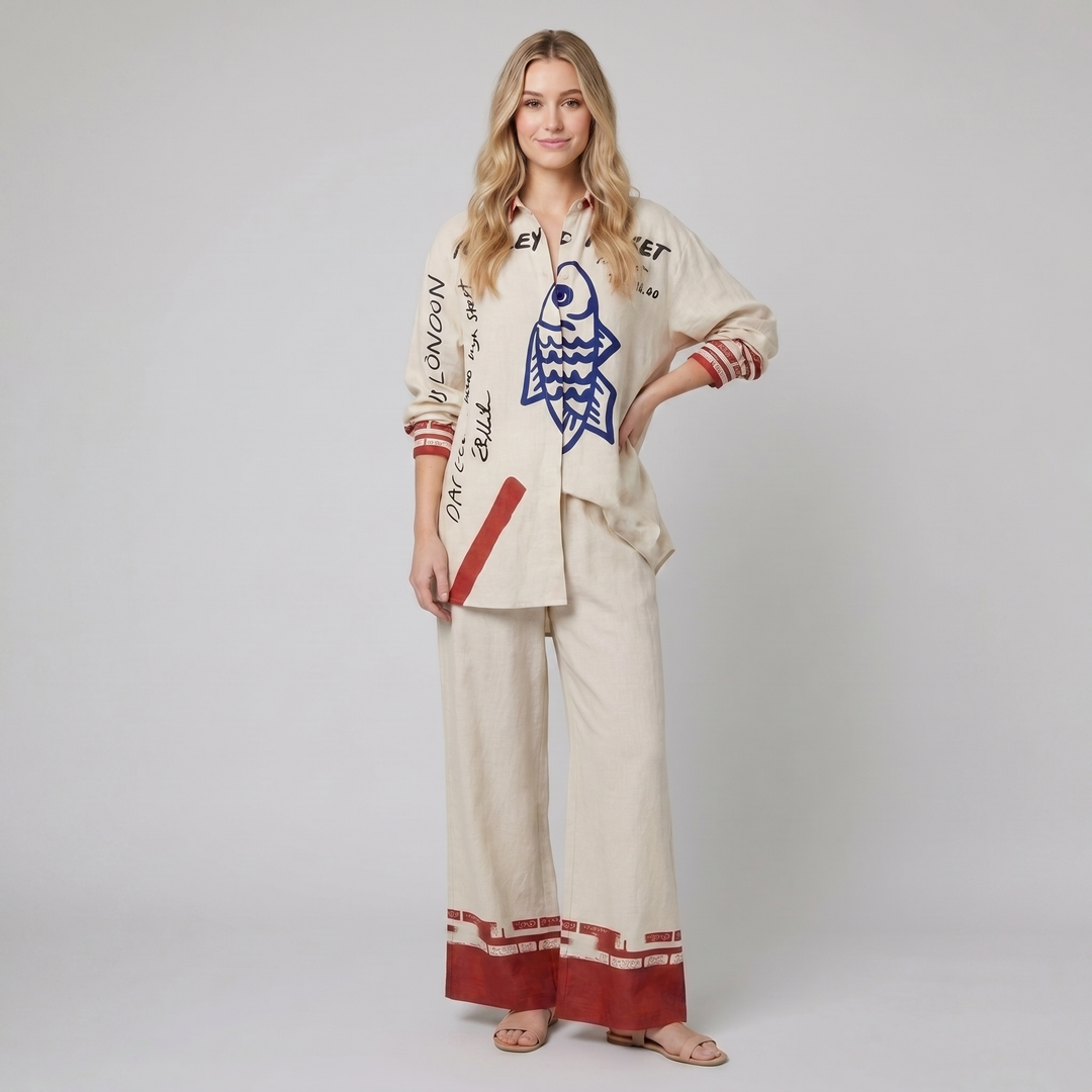 Rounelle linen set blue fish print - The store Vancouver