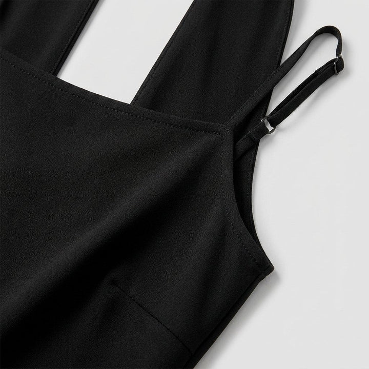 Roxane black midi slip dress fabric detail