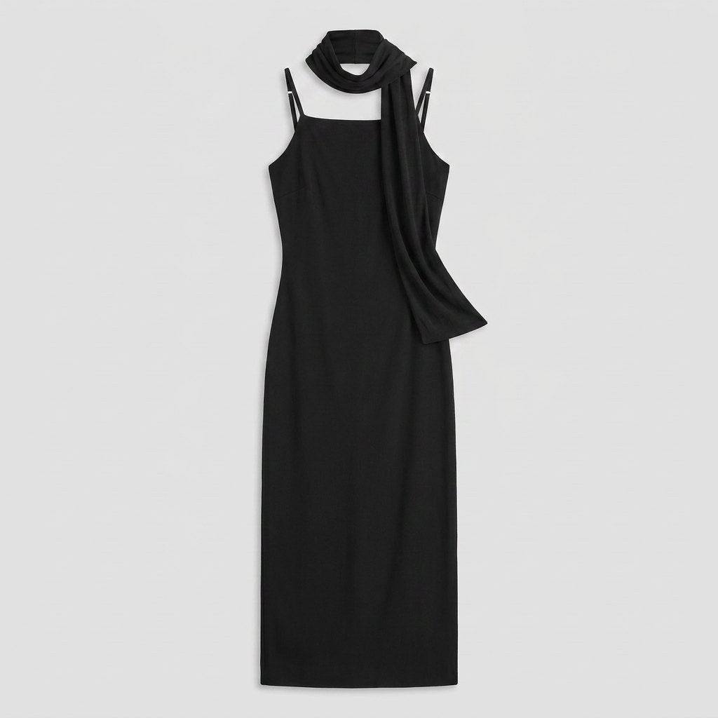 Roxane black midi slip dress flat lay