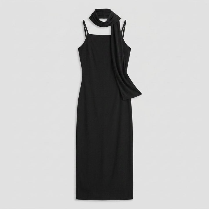 Roxane black midi slip dress flat lay