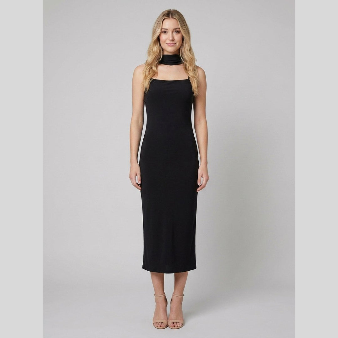 Roxane black slim-fit midi slip dress front on model