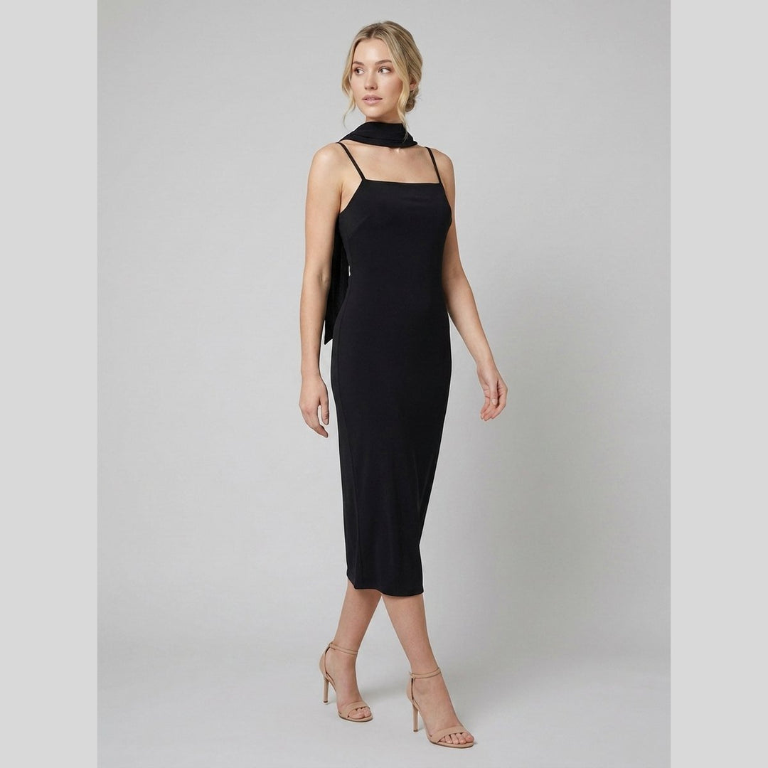 Roxane black midi slip dress three-quarter view on model