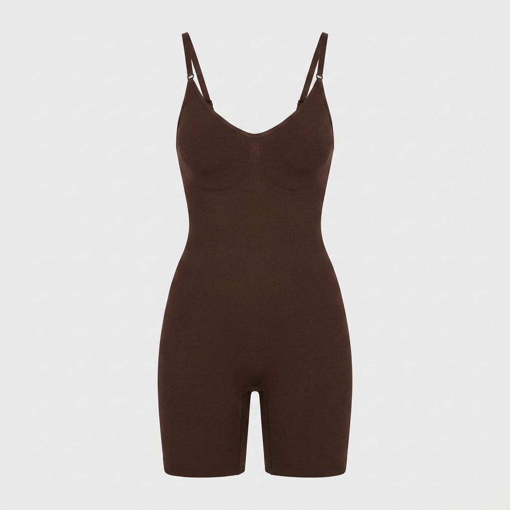 Seamless full body shaper in brown, flat-lay front view