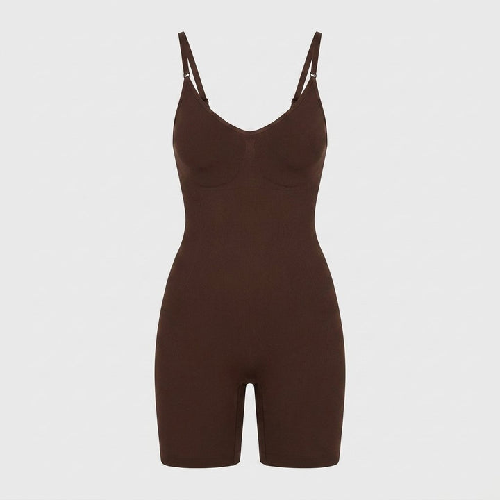 Seamless full body shaper in brown, flat-lay front view