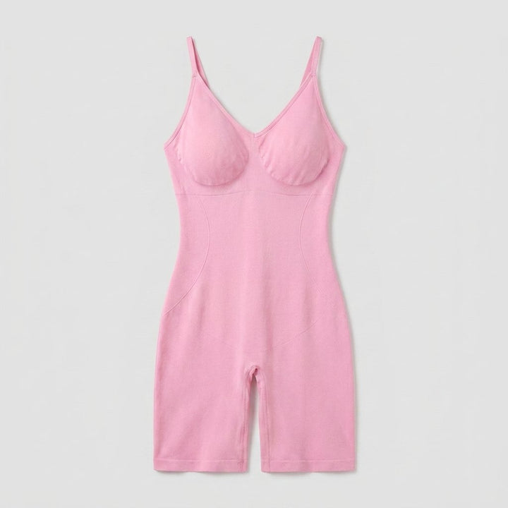 Seamless full body shaper in pink, flat-lay front view