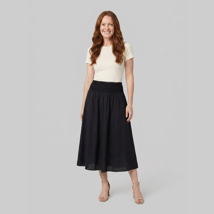 Sable Midi Skirt black poplin crochet waistband, front view