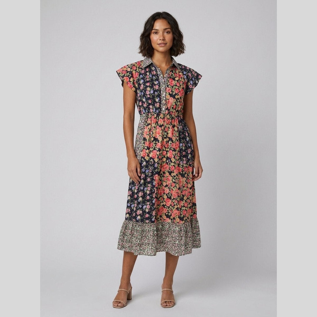 Sabrine cotton midi dress in a mixed floral print, front view on model