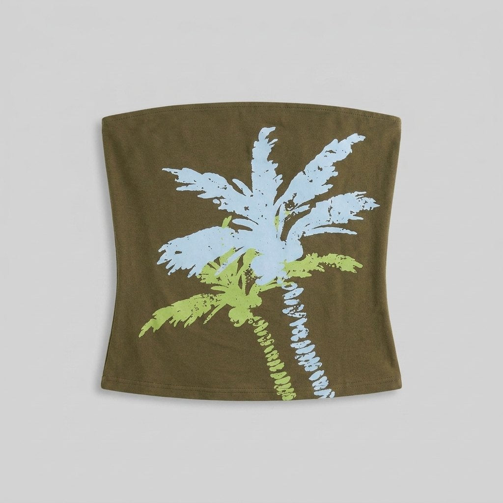 Sahara olive palm-print bandeau top, product flat-lay