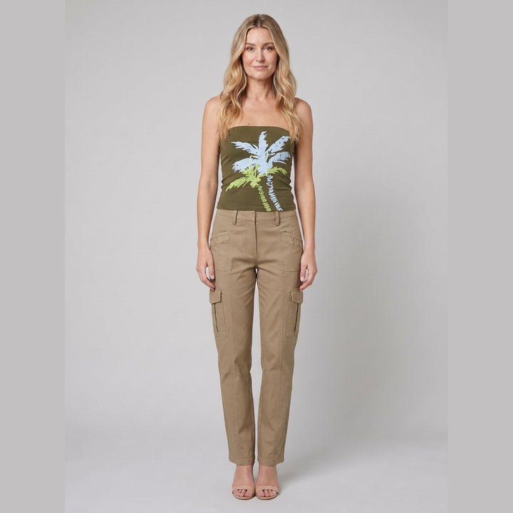 Sahara olive palm-print strapless bandeau top, front view on model