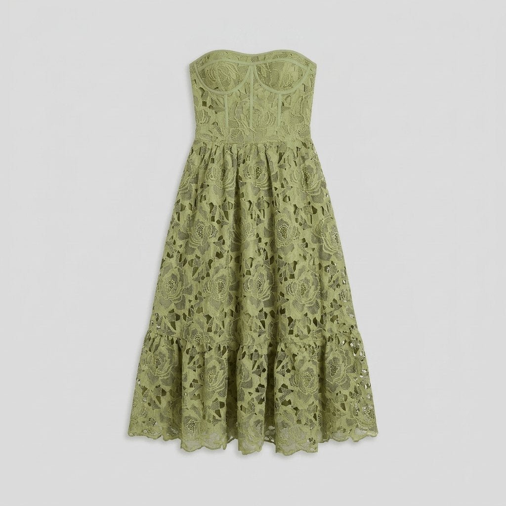 Salome off-shoulder floral midi dress in green, flat lay