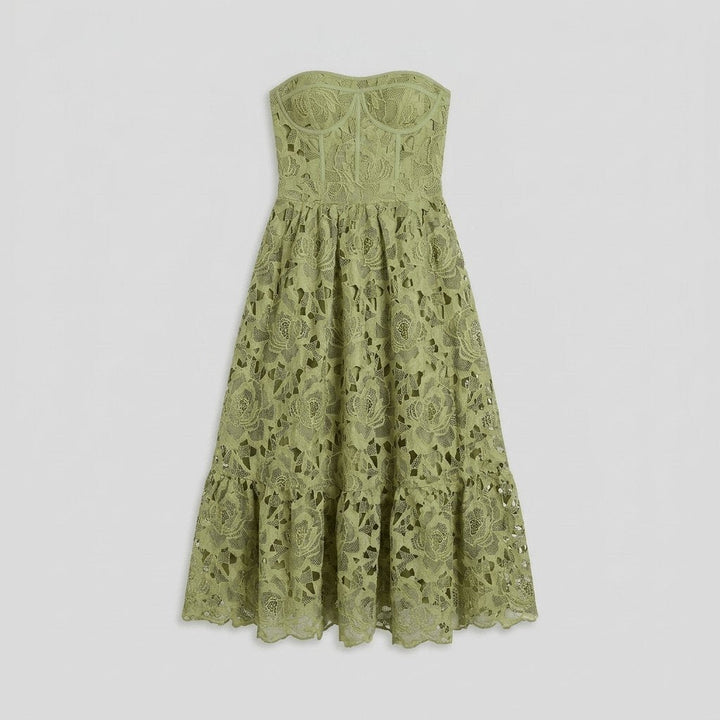 Salome off-shoulder floral midi dress in green, flat lay