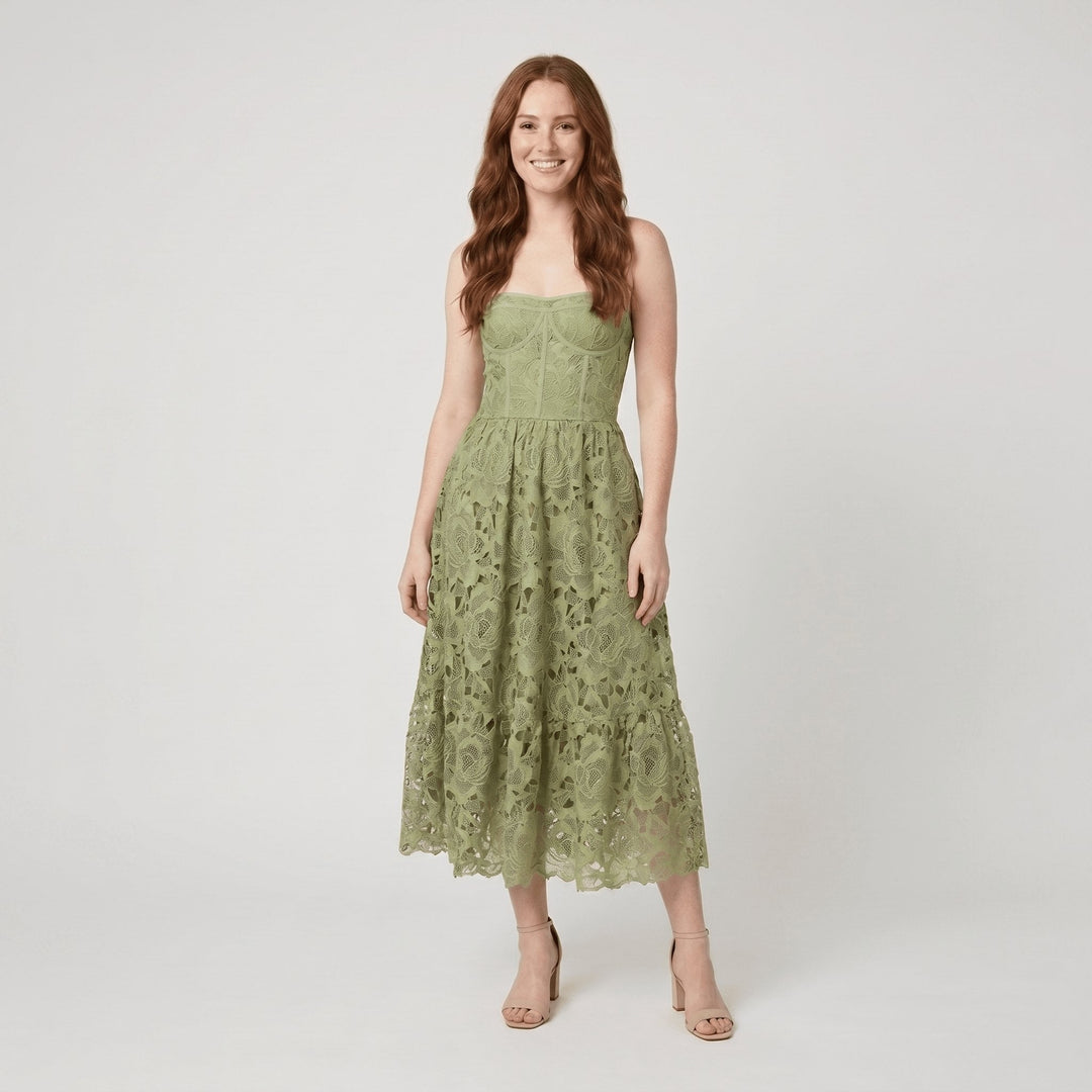 Salome off-shoulder floral midi dress in green with lace trim, front view on model