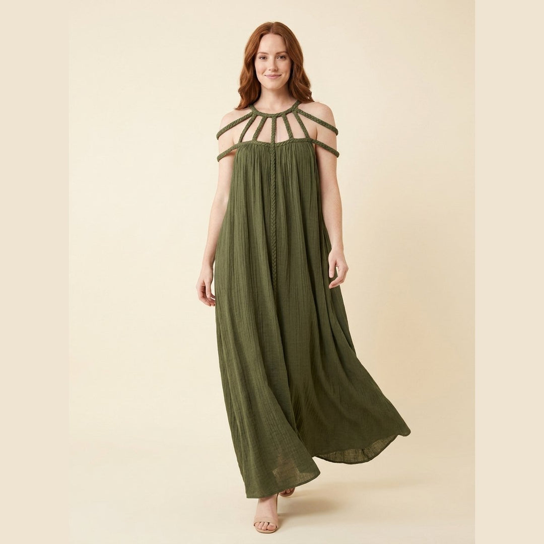 Sandrine linen-blend maxi dress with draped braids in army green, front view