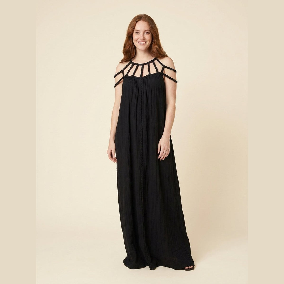 Sandrine linen-blend maxi dress with draped braids in black, front view