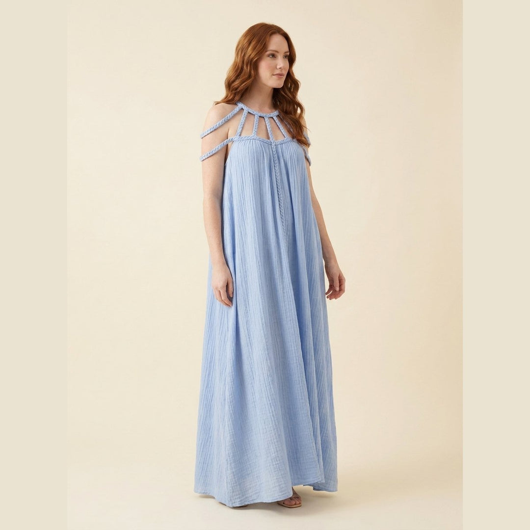 Sandrine linen-blend maxi dress with draped braids in blue, front view