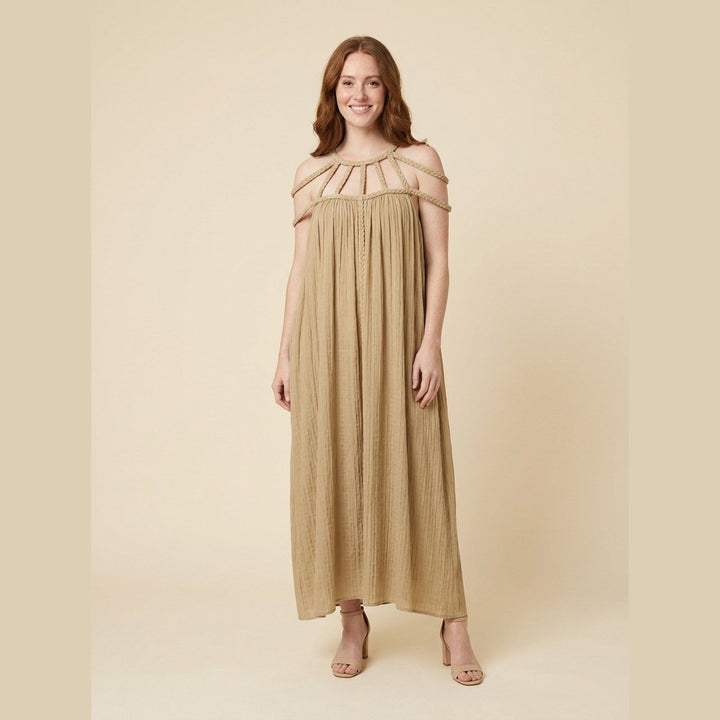 Sandrine linen-blend maxi dress with draped braids in khaki, front view