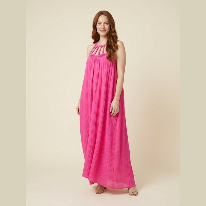 Sandrine linen-blend maxi dress with draped braids in pink, front view
