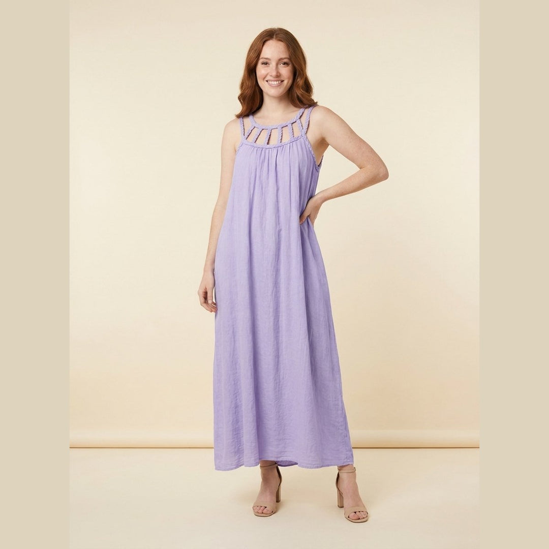 Sandrine linen-blend maxi dress with draped braids in purple, front view