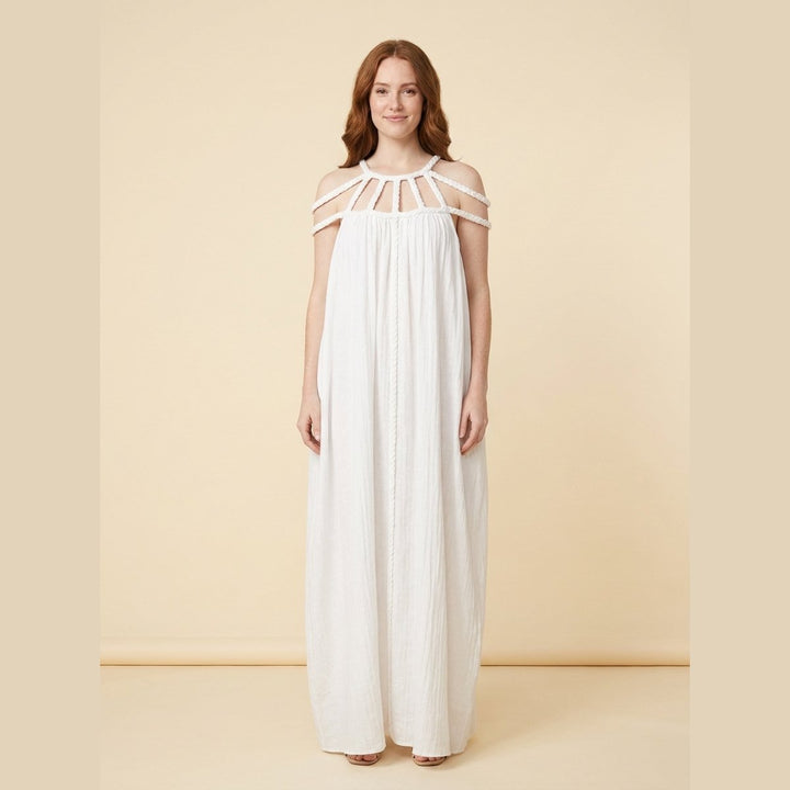 Sandrine linen-blend maxi dress with draped braids in white, front view