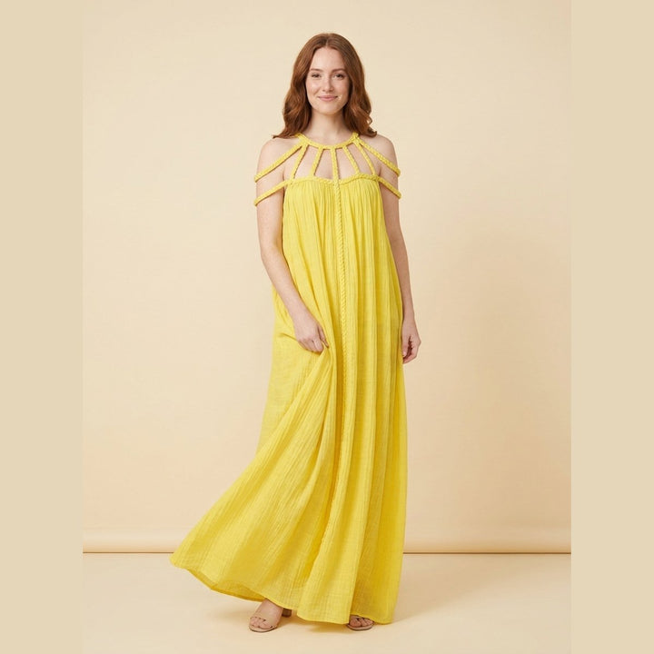 Sandrine linen-blend maxi dress with draped braids in yellow, front view