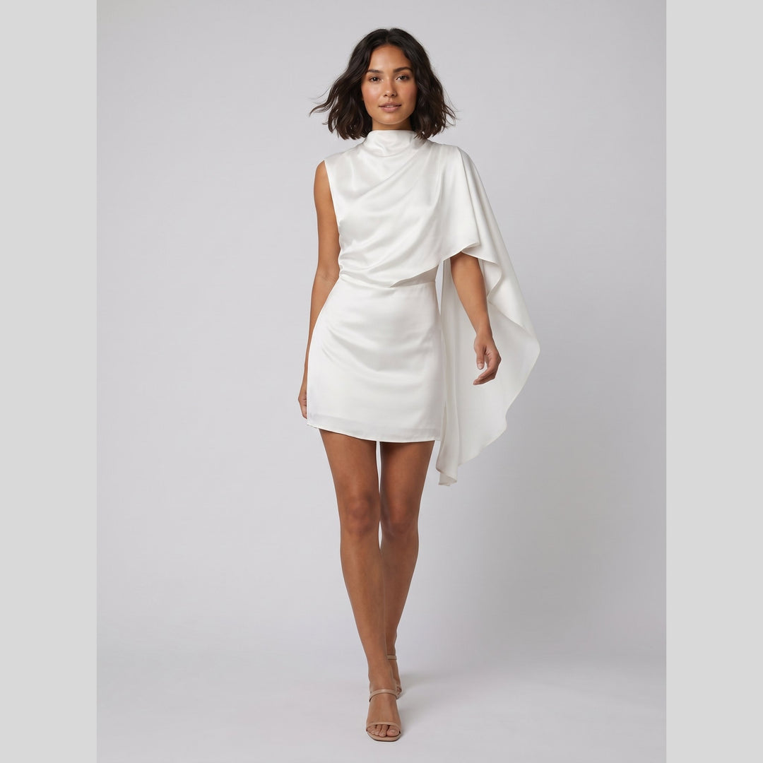 Sari asymmetrical satin mini dress white side pose