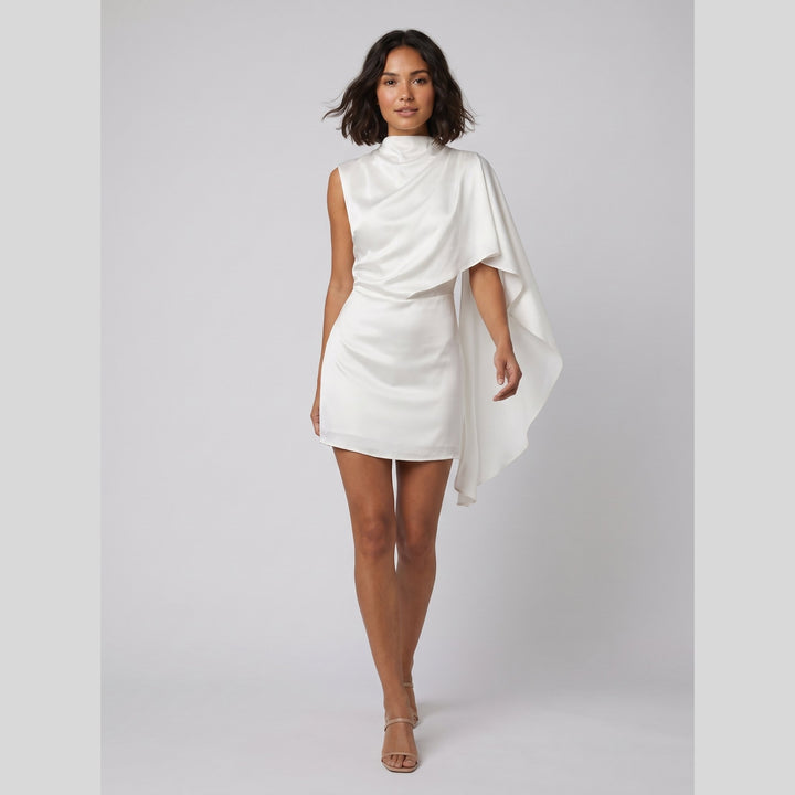 Sari asymmetrical satin mini dress white side pose