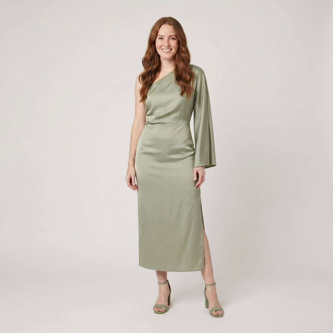 Satin Elegance one-shoulder midi dress in sage green