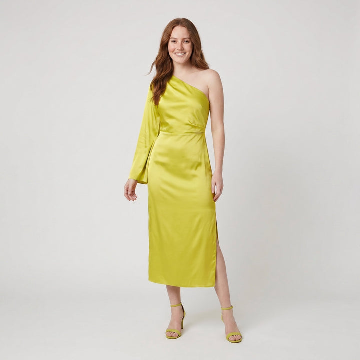 Satin Elegance one-shoulder midi dress in chartreuse yellow