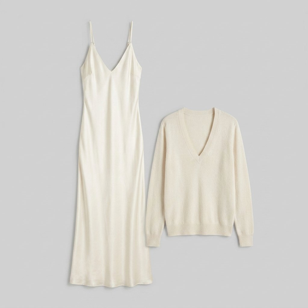 Satin Elegance satin slip dress and matching knit sweater flat lay