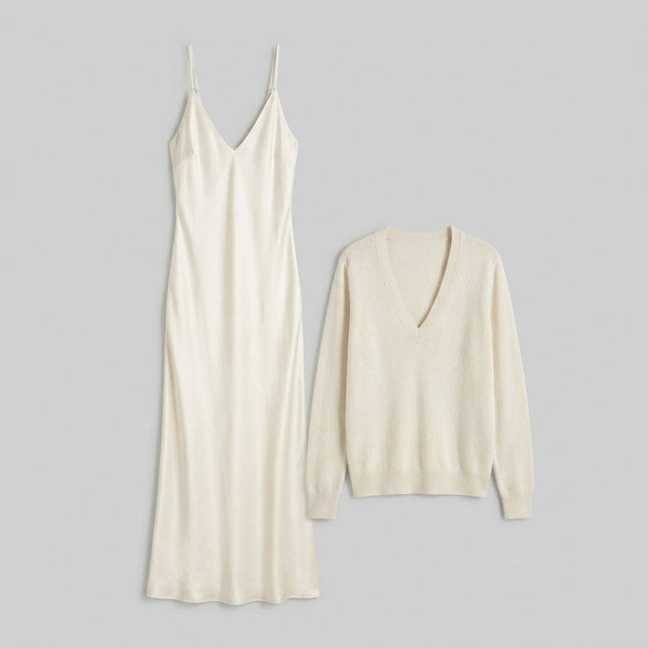 Satin Elegance satin slip dress and matching knit sweater flat lay