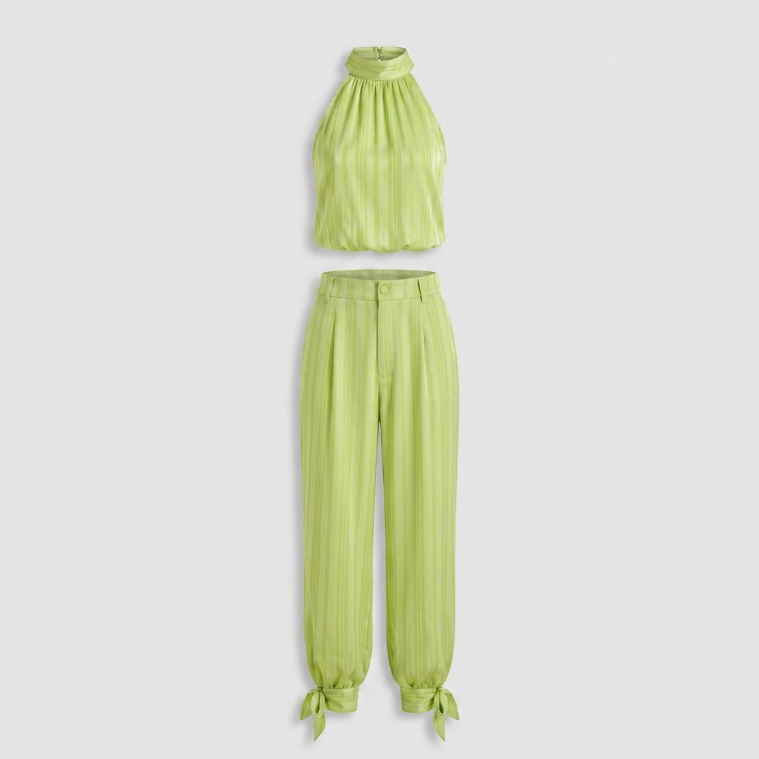 Satin striped green set flat lay