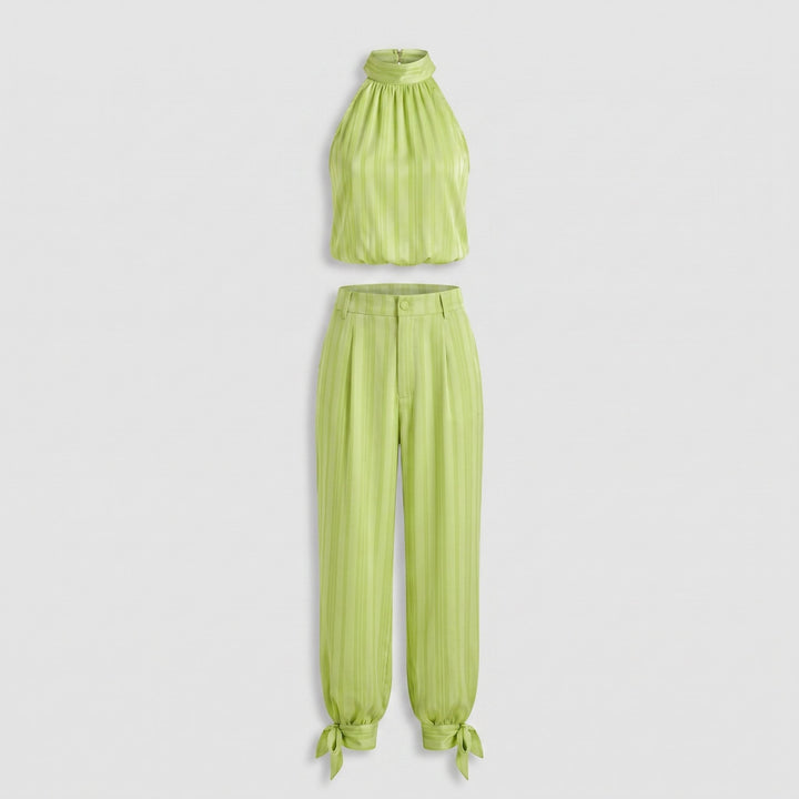 Satin striped green set flat lay