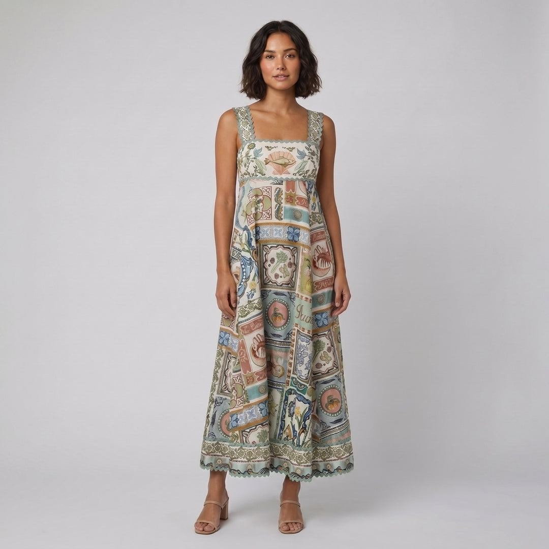 Sela linen-blend folk-print square-neck maxi dress, front