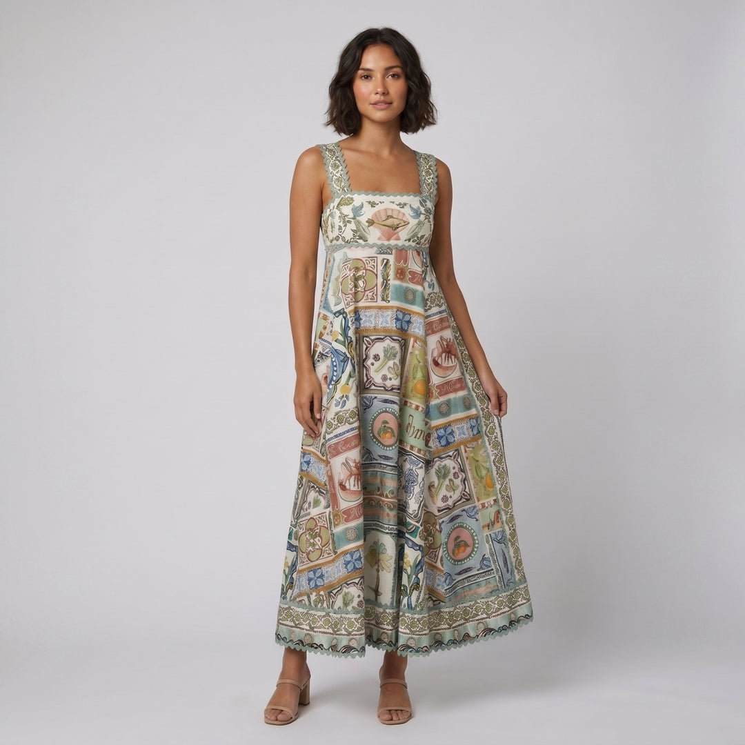 Sela linen-blend folk-print maxi dress, three-quarter view