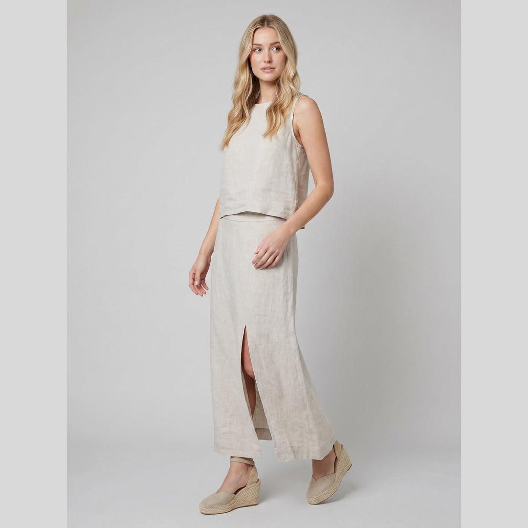 Senti natural linen maxi skirt side pose