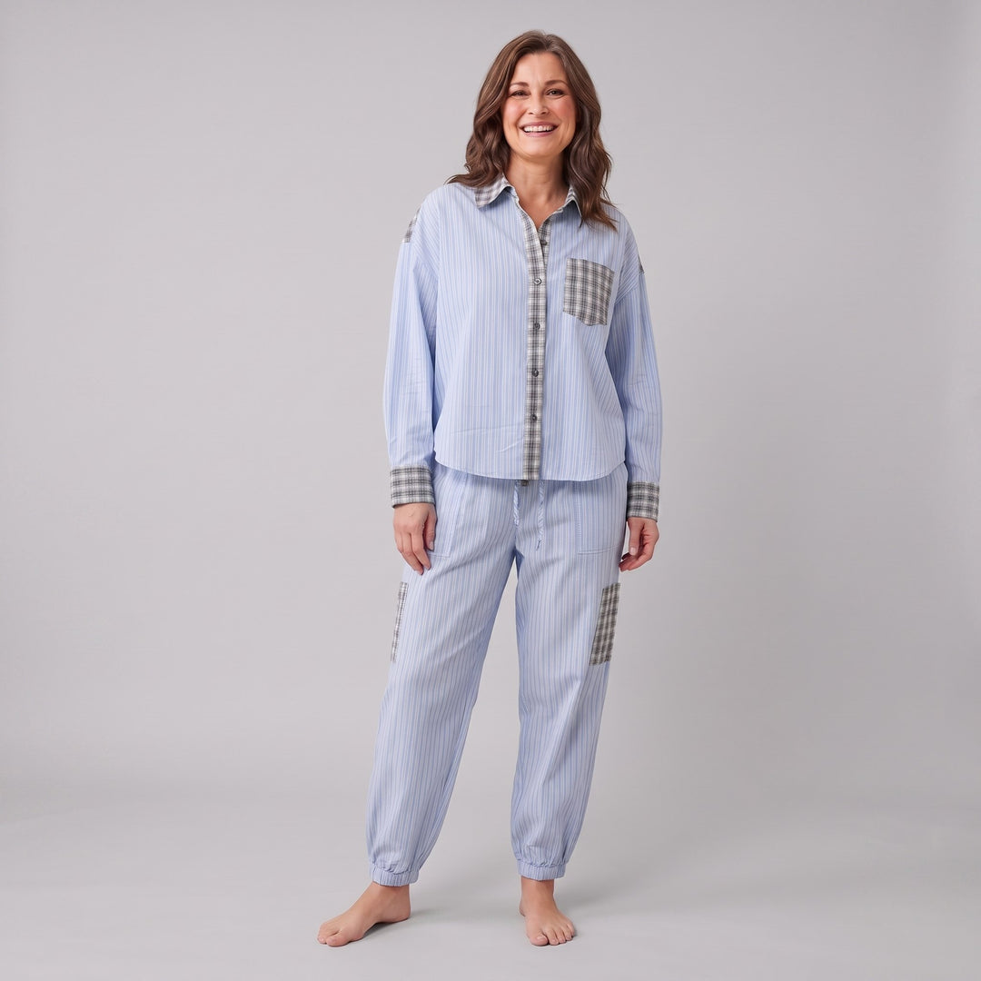 Serene lounge set in light blue pinstripe, front view on model