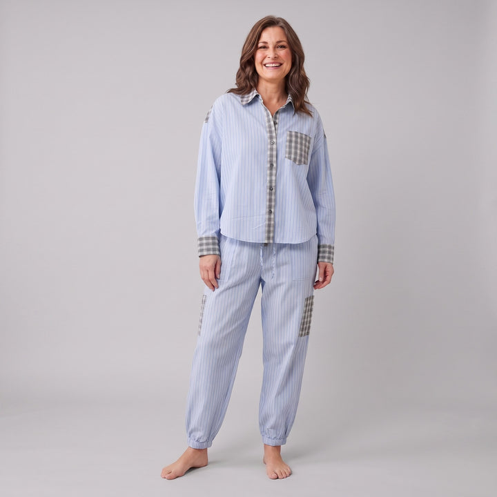 Serene lounge set in light blue pinstripe, front view on model