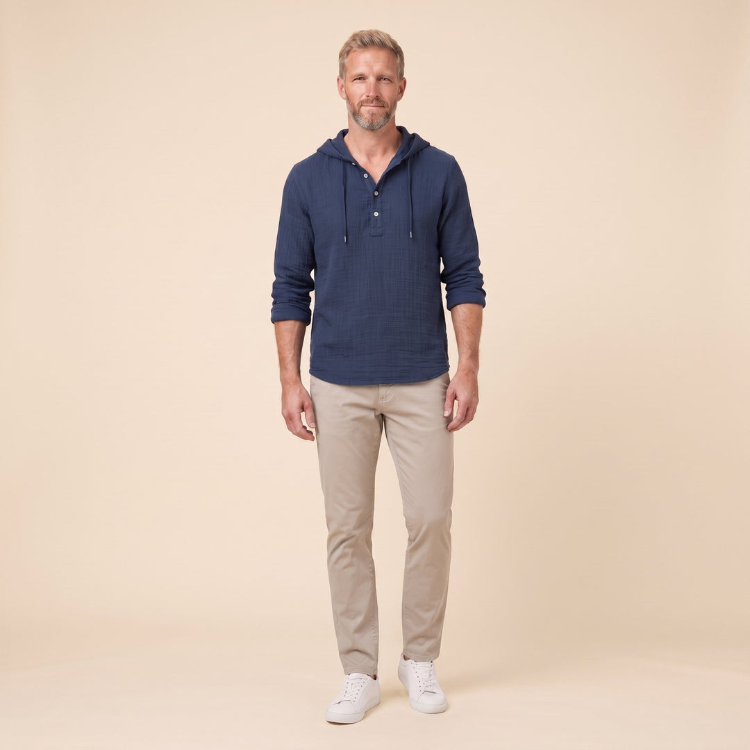 Seven linen hooded henley shirt in navy, front view on model