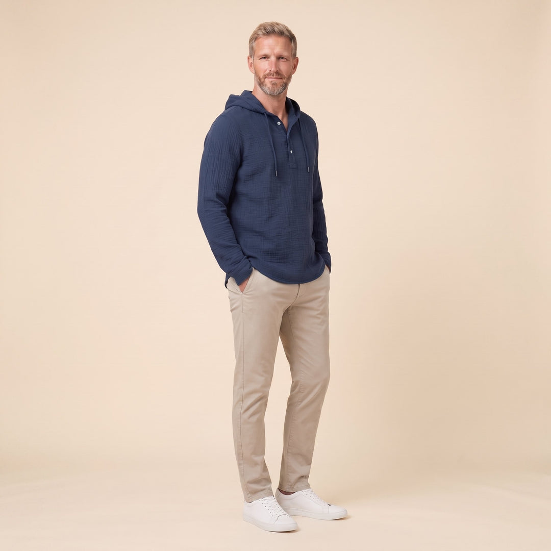 Seven linen hooded henley shirt in navy, side view on model