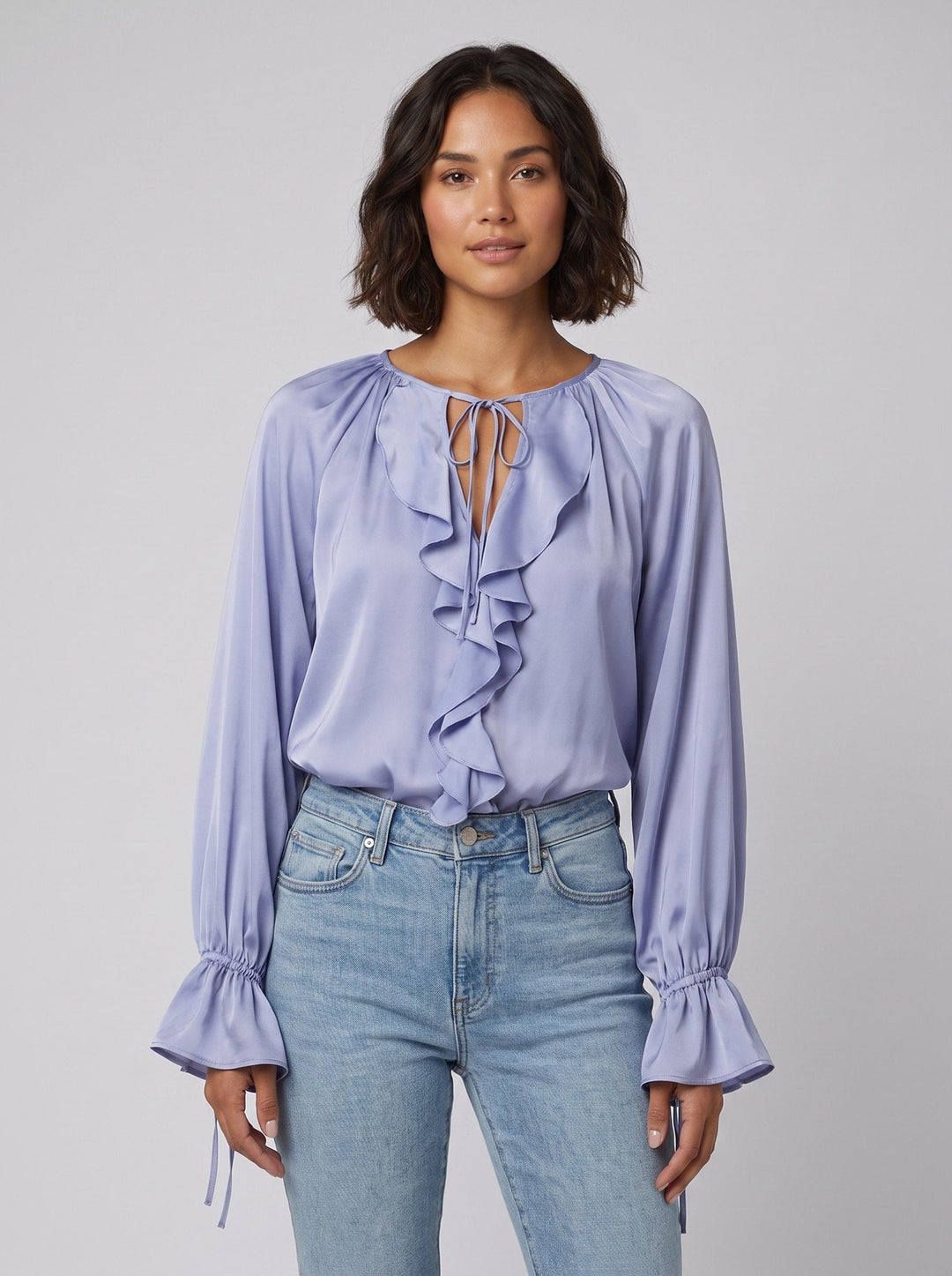 Severine satin ruffle blouse in blue, front view