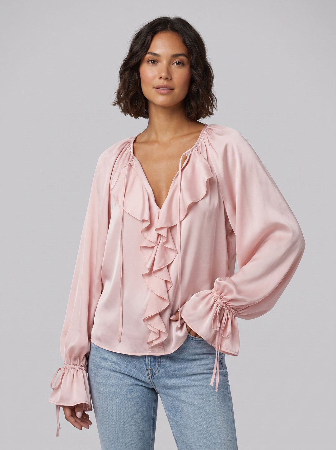Severine satin ruffle blouse in pink, front view