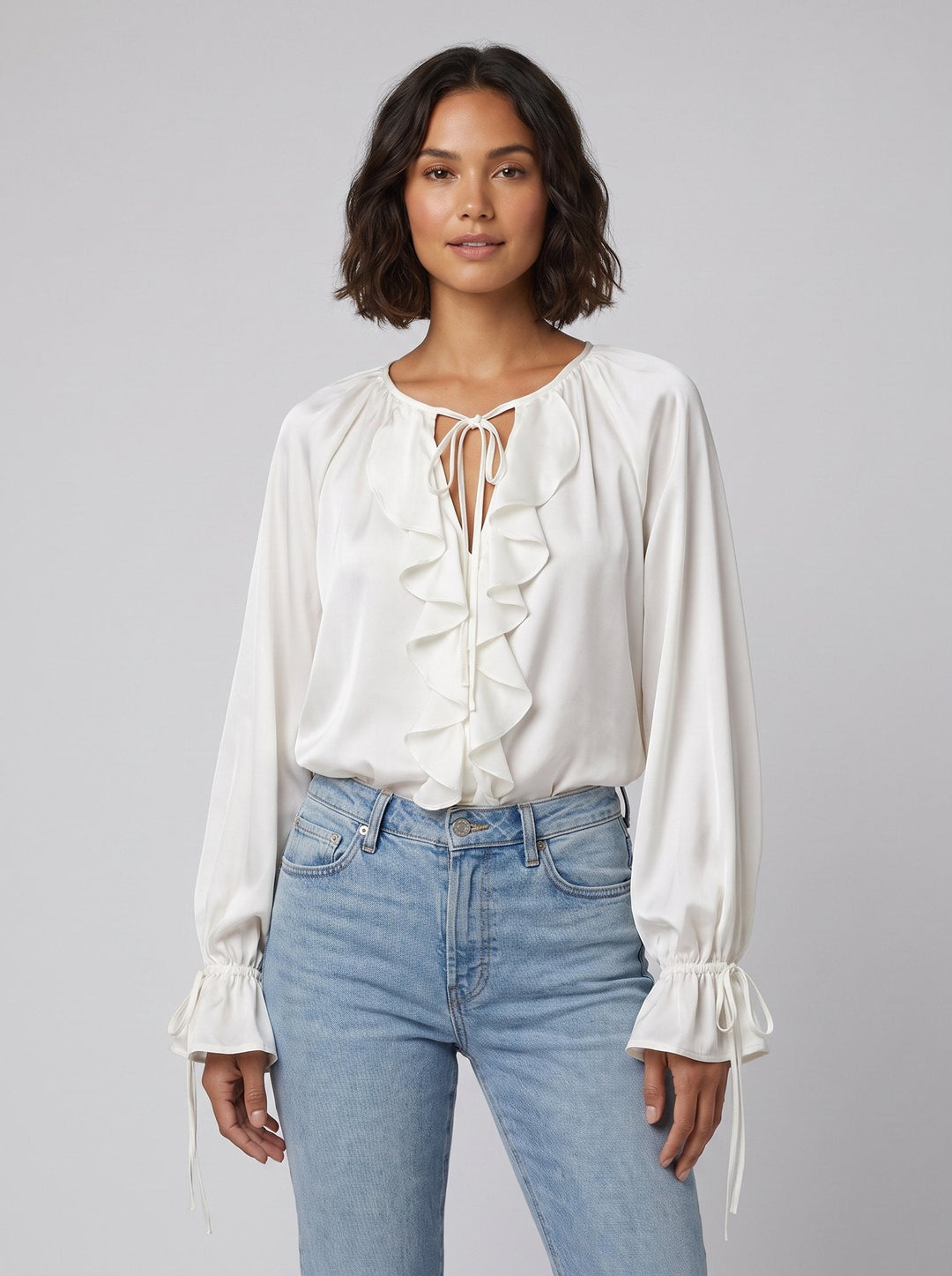 Severine satin ruffle blouse in white, front view