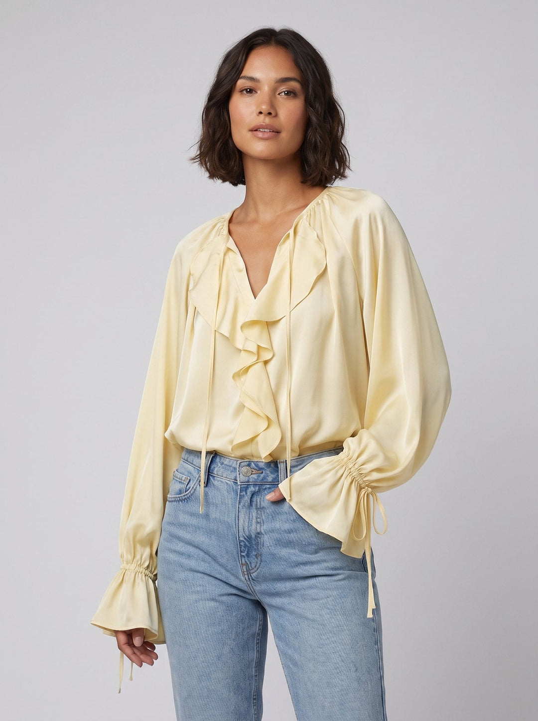 Severine satin ruffle blouse in yellow, front view